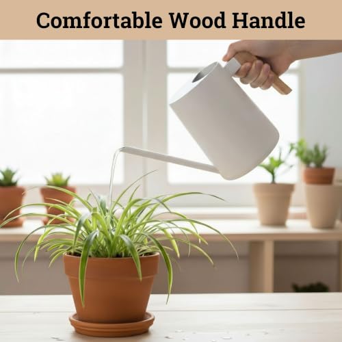 Metal Small Indoor Watering Can with Long Spout & Real Wood Handle, 35oz - color: White