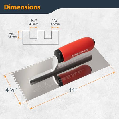 POWERTEC Square Notch Trowel - 3/16" x 3/16" Stainless Steel Square-Notch Tile Trowel with Soft Grip Handle for Thinset Mortar, Mastic & Tile Installation Work (72206) - style: 3/16" x 3/16" Square Notch