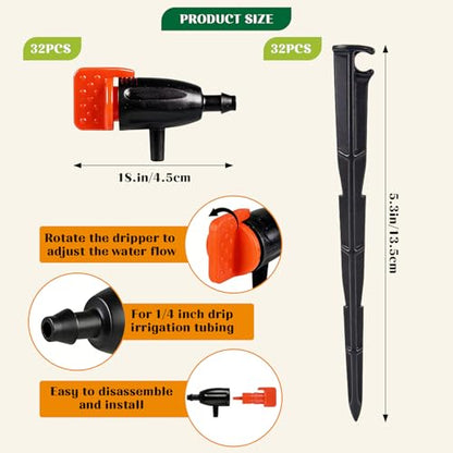 32Sets Irrigation Dripper Kit-Adjustable Water Drip Emitter & Support Stake