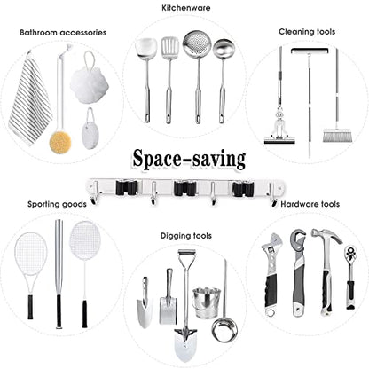 AceMining Broom Holder Wall Mount, 3 Racks 4 Hooks Heavy Duty Mop Organizer - color: 3 Racks & 4 Hooks (Silver) - 1 Pack