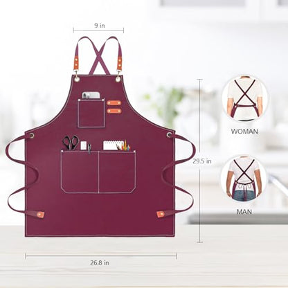 OUNLEN Chef Apron for Men Women Canvas Aprons with 3 Pockets Cross Back Resistant Work Apron for Cooking - color: Cranbrerry Red