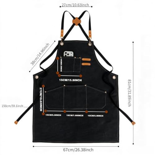 Canvas Tool Apron, Heavy Duty Multi-Pocket, Crossback Adjustable - color: Black