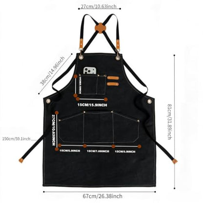 Canvas Tool Apron, Heavy Duty Multi-Pocket, Crossback Adjustable - color: Black