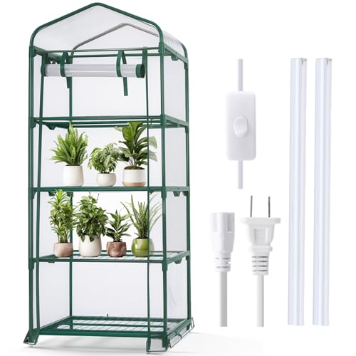 Baquler 4 Tier Mini Greenhouse Indoor Outdoor with 2 Grow Lights, 62'' H x 27'' L x 19'' W PE Cover Portable Vented Greenhouse with Roll up Zipper Door Gardening Stand for Plant Seed Starting (White) - color: White