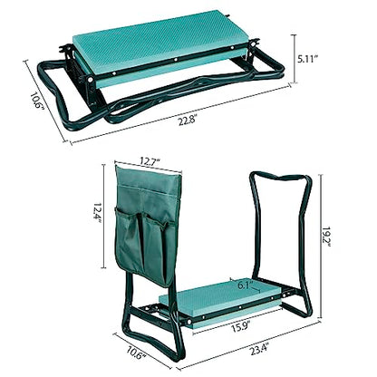 Folding Garden Kneeler Seat Garden Bench Stool with Handles, Multi-use Pouch, Heavy Duty Yard Gardening Chair with Soft Kneeling Pad,Green