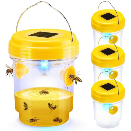 Wasp Traps Outdoor Hanging, Solar Wasp Trap for Hunting Wasps, Bees, Hornets, Insects, Carpenter Bee Traps for Outside, Reusable Wasp Traps, Bee Killer and Wasp Catcher for Outside 4 Pack