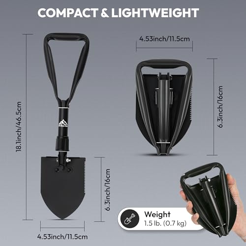 KIBOCO Small Folding Survival Shovel, Military-Style Tool for Car, Snow, Camping, Backpacking - 18" Carbon Steel Multitool with Pick