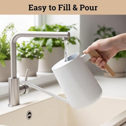 Metal Small Indoor Watering Can with Long Spout & Real Wood Handle, 35oz - color: White
