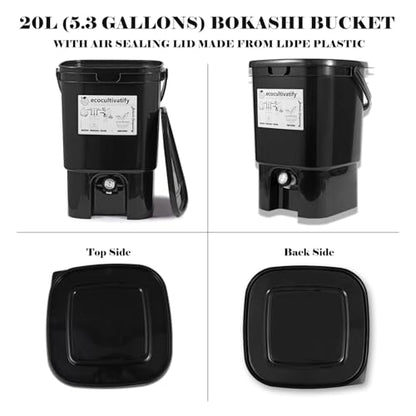 20L Bokashi Compost Bin, 5.28 Gallon Compost Bin for Kitchen Composter with Lid, Bokashi Start Kit with Bran (Tan & Dark Green) (20L/5.28GAL Black) - color: 20L/5.28GAL Black