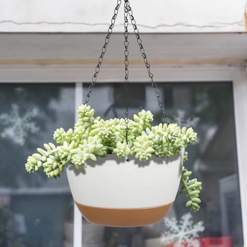 2 Pack Self Watering Hanging Planters: 9.7 Inch Pots with Chain Tray, White - color: White