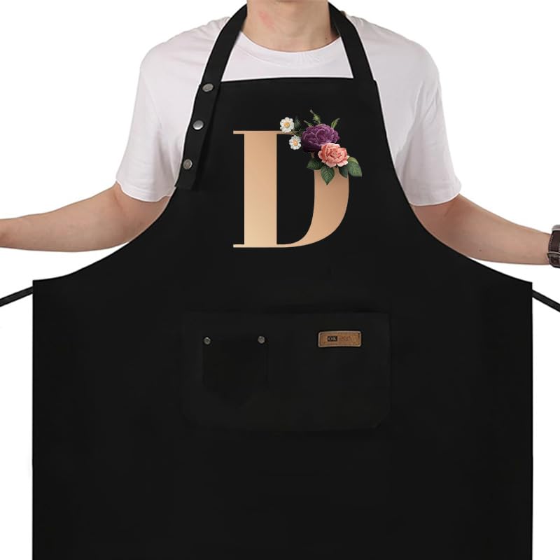 Apron for Women with Pockets, Initail Gardening Apron with Adjustable Straps, Large Pockets & Cross Back Design - color: Bk-d