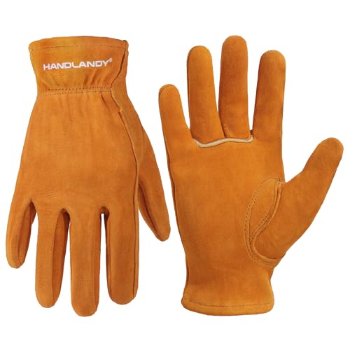HANDLANDY Kids Leather Gardening Gloves, Kid Work Gloves, Orange, M - color: Orange (1 Pair), size: Medium (Age 5-7)