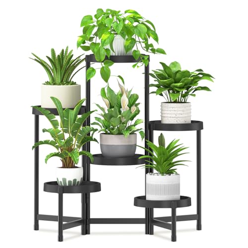 iDavosic.ly 6 Tier Folding Plant Stand Indoor Outdoor, Plastic Tray, Black - color: Black, size: 6 Tiers