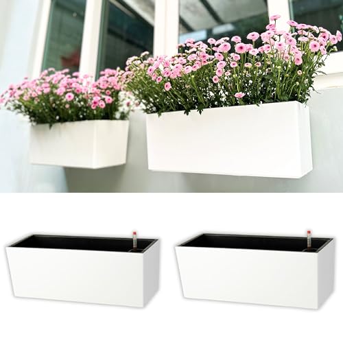 LaLaGreen Wall Planter for Outdoor (2 Pack, 14 Inch) Wall Mounted Self Watering System White Flower Box with Bracket, Window Wall Hanging Rectangular Plant Pot Container Indoor Modern Herb Kitchen - size: 14" (36 cm) x 2 Pack