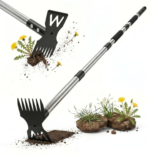 60" Weed Puller Tool with Long Handle, Heavy Duty 2-in-1 Stand Up Weeding Tool & Garden Hoe, Manual Weed Remover and Hand Rake for Yard, Lawn, Patio Gardening