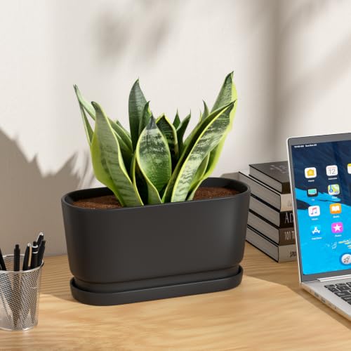 13" Rectangular Ceramic Planter with Drainage and Saucer, Black - color: Matte Black, size: Large
