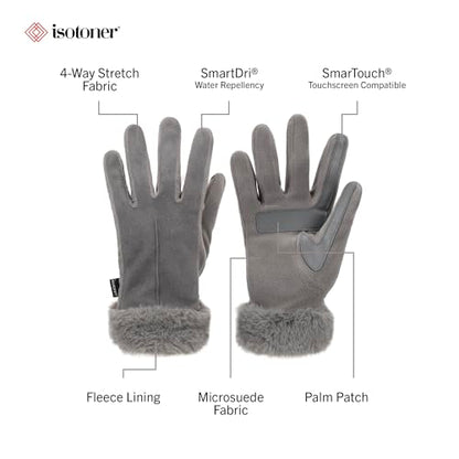 isotoner Women's Water Repellent Touchscreen Stretch Mya Faux Fur Cuff Gloves - color: Ash, size: Large-X-Large