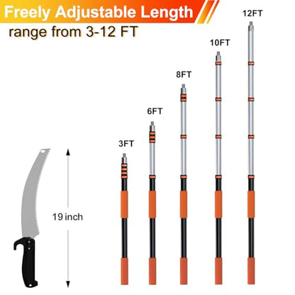 LAANPOLE 20FT Pole Saw, Telescoping Tree Trimmer with 3-12FT Extension Pole, Manual Branches Pruner for Backyard, Orange - size: 12FT