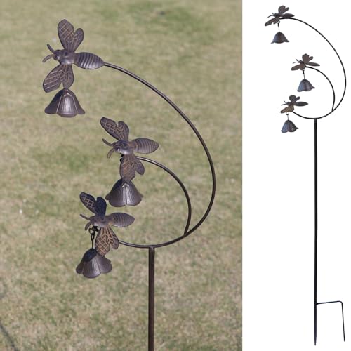 Metal Bees with Bells for Outside Garden Art,Decorative Garden Stakes
