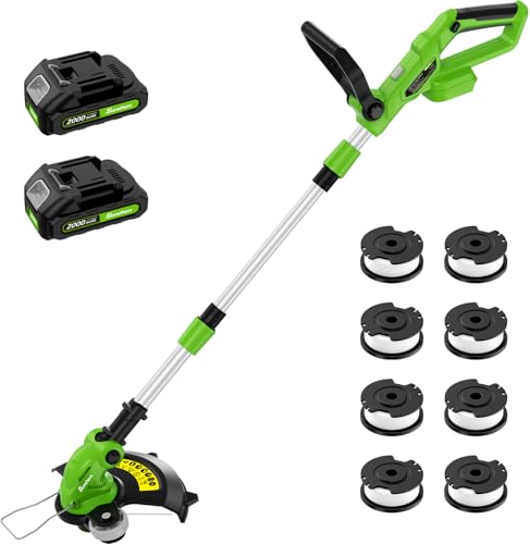 20V Electric Cordless String Trimmer, 2X 2.0Ah Battery Powered Lawn Trimmer - color: Green