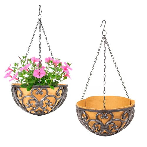 Sungmor 2PC 11" Dia. Cast Iron Hanging Baskets with Fabric Liner - Brown - color: Hanging Basket - Round