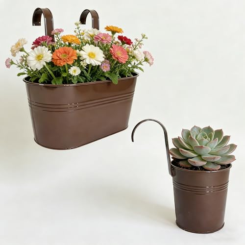 8 Pack Mixed Size Metal Railing Planters with Hanging Hooks, Chocolate - color: Chocolate, size: Oval 10"*4 + Round 4"*4