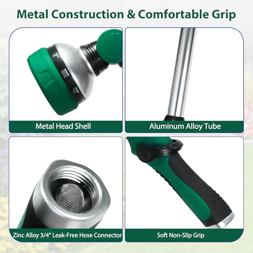 Watering Wand for Garden Hose, 24 Inch, Heavy Duty, 10 Spray Patterns, Thumb Control Hose Nozzle with 180° Pivoting Head, Ideal for Hanging Baskets, Plants and Shrubs - color: Green