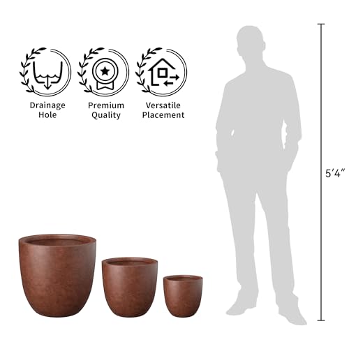 Kante Set of 3 Rusty Concrete Bowl Planters 18" 14" 10" Dia - color: Rusty, size: 18"d + 14"d + 10"d