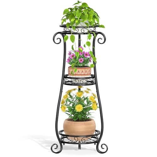 LASZOLA 3 Tiers Metal Corner Plant Flower Stand Tall Indoor Outdoor, Black - color: Black, size: 3 Tier