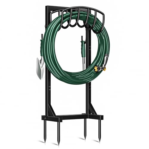 Kesfitt Garden Hose Holder Stand with 4 Spikes & 2 Tool Hooks, Detachable Heavy Duty Metal Freestanding Hose Reel Outdoor Organizer for Lawn Yard Water Storage Rack - size: Hose Holder with Hooks