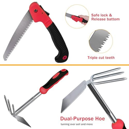 WisaKey 9 Piece Gardening Tools Heavy Duty Garden Tool Set with Handbag Red