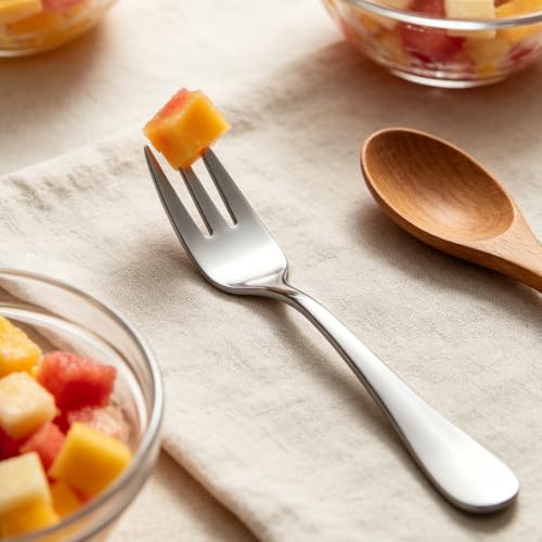 HornTide 6-Piece Dessert Forks Set, 3 Tines Fruit Salad Fork Flatware Stainless Steel Mirror Polishing 5.5-Inch 14cm, Ideal for Home, Kitchen and Restaurant - size: 6x Salad Fork