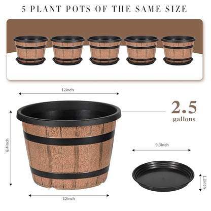 Whiskey Barrel Planters 12 Inch, 5 Pack Plastic Pots with Wood Design - size: 12inch