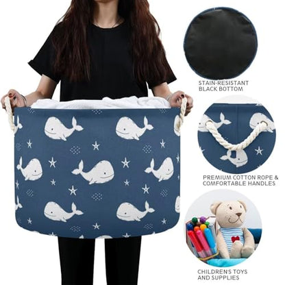 Navy Blue Whale Round Storage Basket Collapsible with Handle - color: Navy Blue
