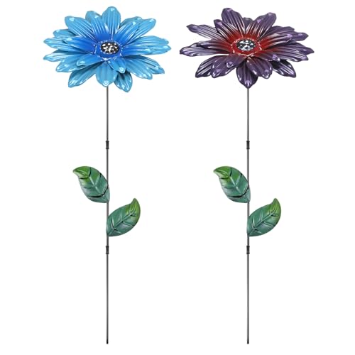 M METERXITY 2 Pack Large Flower Garden Decor Stakes, 13 Inch Waterproof Metal Garden Stakes Spring Decorative for Indoor/Outdoor/Lawn/Bed/Bouquets/Patio/Terrace/Home Decor [1 Blue & Purple] - color: 1 Blue & Purple