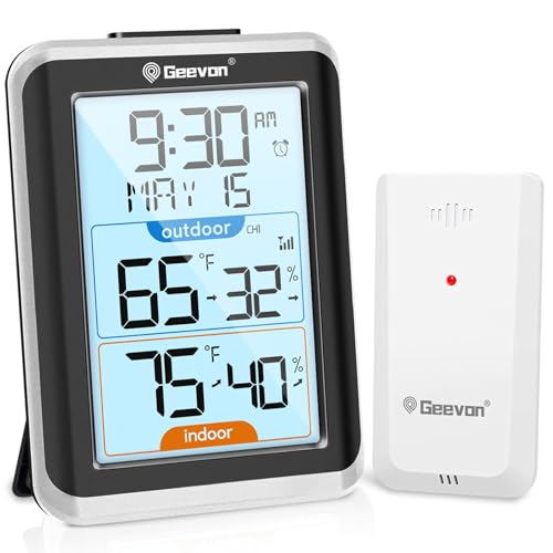 Geevon Wireless Indoor/Outdoor Thermometer & Hygrometer, Digital Temperature & Humidity Sensor with Time, Clock, 200ft/60m Range, 3.8‘’ Large Display - color: Black B, size: 248688 Small