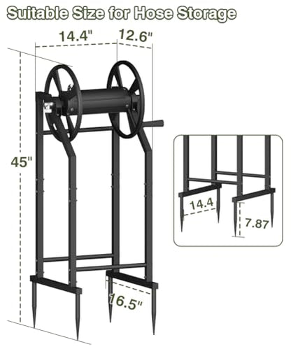 4-Spike Garden Hose Reel with 3.9ft Leader Hose & Stainless Fitting, Outdoor Hose Holder holds 125ft Hose of 5/8", Freestanding Metal Hose Stand for Outside Yard Lawn, Black - color: Black