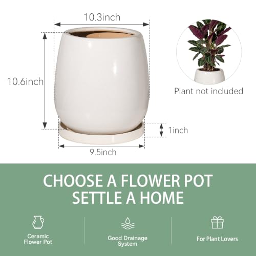 10.3 Inch Ceramic Glaze Plant Pot with Saucer, Flower Pots with Drainage Hole Mesh Net(Hemp-Gray Dot) - color: Hemp Gray Dot