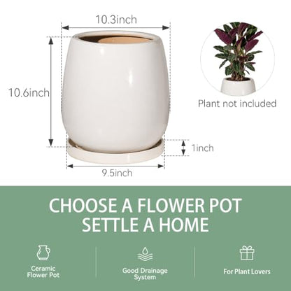 10.3 Inch Ceramic Glaze Plant Pot with Saucer, Flower Pots with Drainage Hole Mesh Net(Hemp-Gray Dot) - color: Hemp Gray Dot