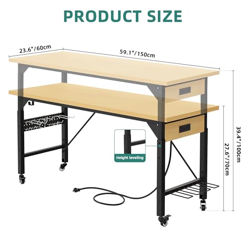 YITAHOME 60in Adjustable Workbench with Wheels 1600lb Capacity - size: 60" Workbench (No Pegboard)