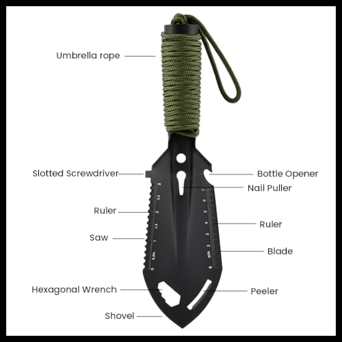 9‑in‑1 Mini Camping Shovel, Ultralight Backpacking Trowel Multitool - color: black