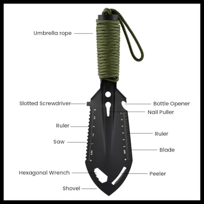 9‑in‑1 Mini Camping Shovel, Ultralight Backpacking Trowel Multitool - color: black