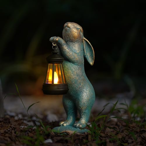 MININOVA Garden Statues Rabbit with Solar Lantern Outdoor Bunny Decoration - color: Bronze Rabbit