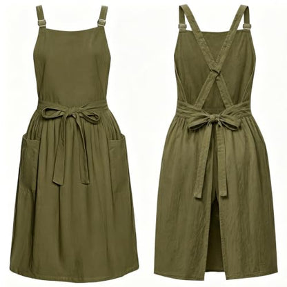 Apron for Women with Pockets Cotton Linen Metal Clip Adjust Kitchen Cooking Baking Gardening Dress Chef Apron - color: 1 Pack-dark Green