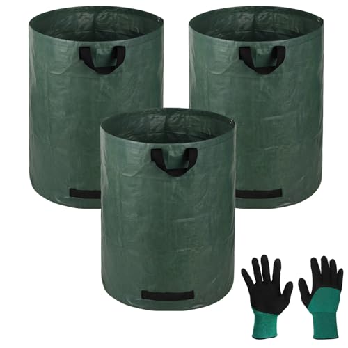 3-Pack 137 Gallon Extra Large Lawn Garden Bags, Reusable Yard Waste Bags with Gardening Gloves, Collapsible Heavy-Duty Leaf Bags with Handles, Waterproof Garden Bag for Leaves, Grass, Weeds