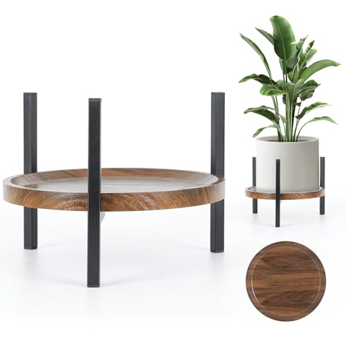 Plant Stand Indoor Adjustable with Walnut Wood Tray, Metal Modern Indoor Plant Stand, Heavy Duty Plant Stands Outdoor Corner, Stable Plant Holder, Fits 8 to 12 Inches Pots, Black, 1 Pack - color: Black & Walnut, size: 1 Pack