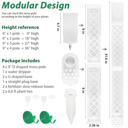 4 Pcs 9 Inch D Shaped Moss Pole with Watering Dripper, Plastic Moss Poles for Climbing Plants, Sturdy Monstera Plant Support, Self Watering Moss Pole Kit for Plants Indoor (1Pack 4Pcs-White) - size: 1Pack 4Pcs-White