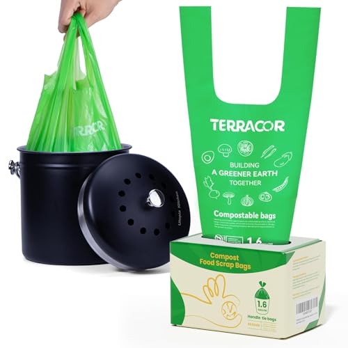 1.6 Gallon Compostable Food Scrap Bags Handle Tie for Kitchen Countertop Bin, 6 Liter Small Compost Bags, 50 Count, BPI Certified and Meet The ASTM D6400 Standard - color: 1.6gal-50bags
