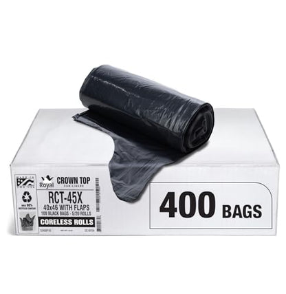 Aluf Plastics RCT-45X Star Sealed Coreless Rolls with E-Z Tie Flap Closure, 45 gal, Polyethylene, 40" x 46", Black (Pack of 400) - style: 45 Gal, 1.5 Mil Equiv, 400 Count