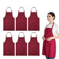 Total 6PCS Deep Red Bib Apron for Women Adult Unisex Durable Comfortable with 2 Front Pockets Washable Chef Aprons for Cooking Baking Kitchen Restaurant Crafting Painting. - color: Wine